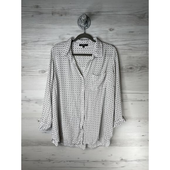 Velvet Heart Shirt Womens 2X White Black Print Button Front Long Sleeve Rayon - Picture 1 of 9